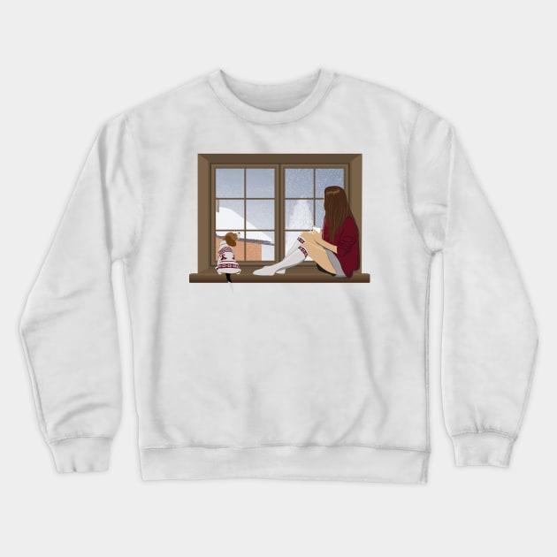 Girl and beagle dog sitting on the window. winter landscape Crewneck Sweatshirt by NinoRc